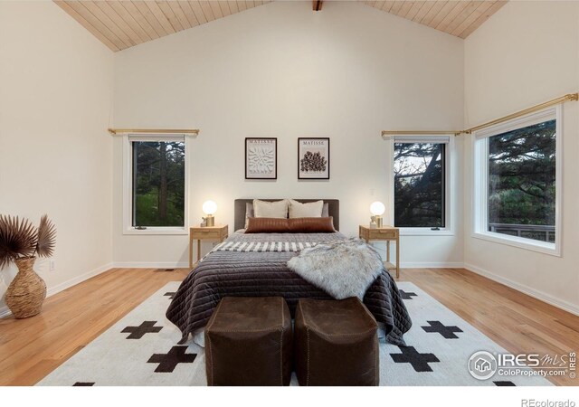 142 Meadowlook Way, Boulder, CO 80304 - bedroom with wood finished floors, high vaulted ceiling, wooden ceiling, and baseboards