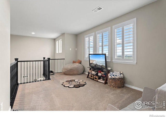 3075 Blue Mountain Dr, Broomfield, CO 80023 - living area with carpet, an upstairs landing, baseboards, and recessed lighting