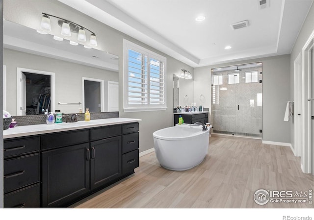 3075 Blue Mountain Dr, Broomfield, CO 80023 - full bath with a stall shower, a raised ceiling, vanity, wood finished floors, and recessed lighting