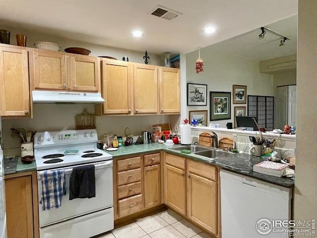 1400 Lee Hill Dr Unit 1, Boulder, CO 80304 - kitchen featuring white appliances, under cabinet range hood, a sink, light tile patterned floors, and light brown cabinets