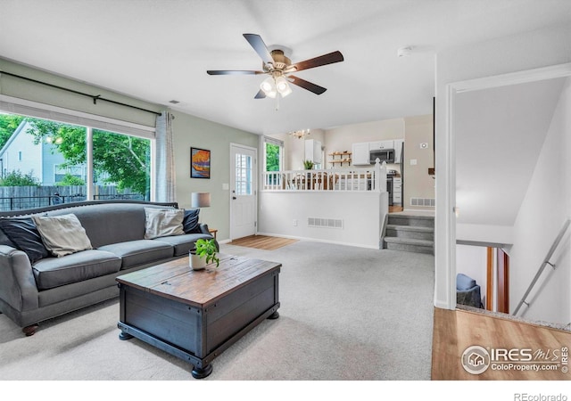 1309 Red Mountain Dr, Longmont, CO 80504 - living room with a ceiling fan and carpet floors