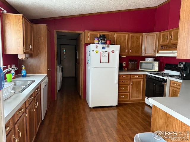 507 Ellis Ave, Wray, CO 80758 - kitchen featuring white appliances, under cabinet range hood, a sink, light countertops, and crown molding