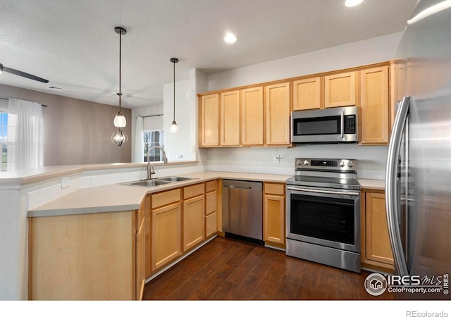 2202 Owens Ave # 102, Fort Collins, CO 80528 - kitchen with stainless steel appliances, a sink, light brown cabinets, a peninsula, and dark wood finished floors