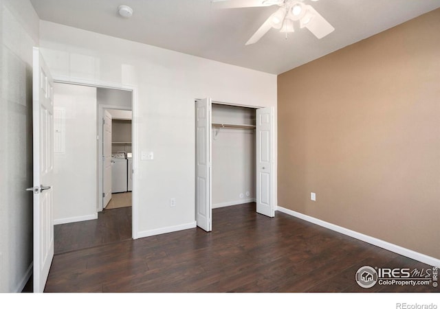 2202 Owens Ave # 102, Fort Collins, CO 80528 - unfurnished bedroom with washing machine and dryer, dark wood finished floors, baseboards, and a closet