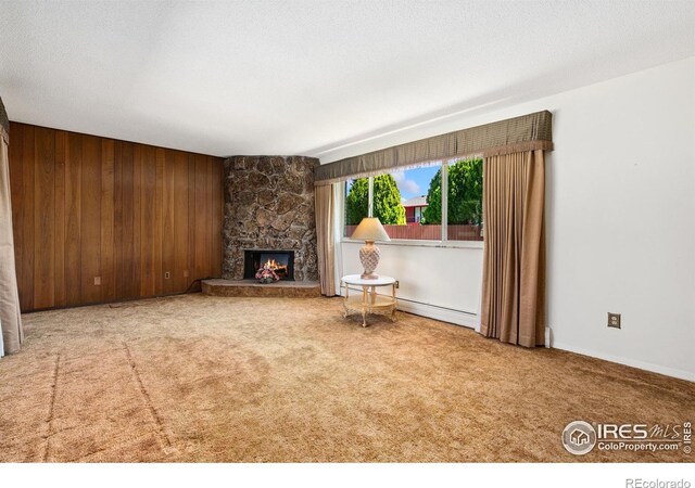 1204 Newsom St, Fort Collins, CO 80524 - unfurnished living room with a baseboard heating unit, carpet flooring, wooden walls, and a stone fireplace