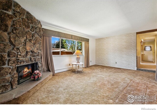 1204 Newsom St, Fort Collins, CO 80524 - unfurnished living room with carpet floors, a stone fireplace, a textured ceiling, and baseboard heating