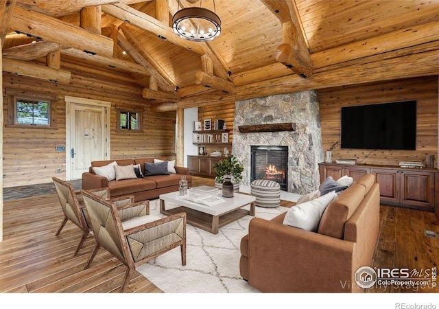 409 Wild Horse Cir, Boulder, CO 80304 - living area featuring hardwood / wood-style flooring, a wood ceiling with exposed beams, a stone fireplace, a chandelier, and high vaulted ceiling