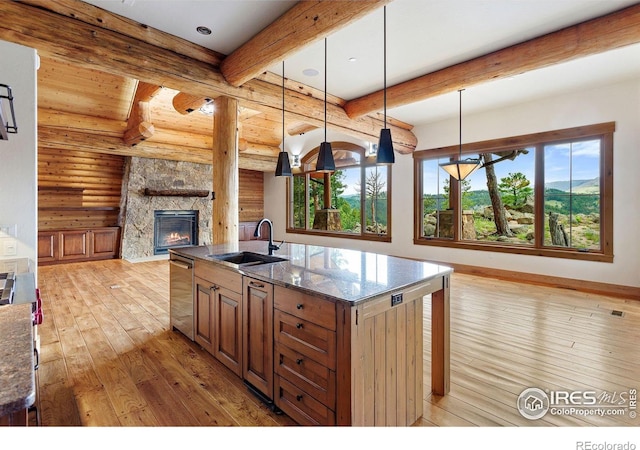 409 Wild Horse Cir, Boulder, CO 80304 - kitchen with open floor plan, light wood-style flooring, stainless steel dishwasher, a fireplace, and plenty of natural light