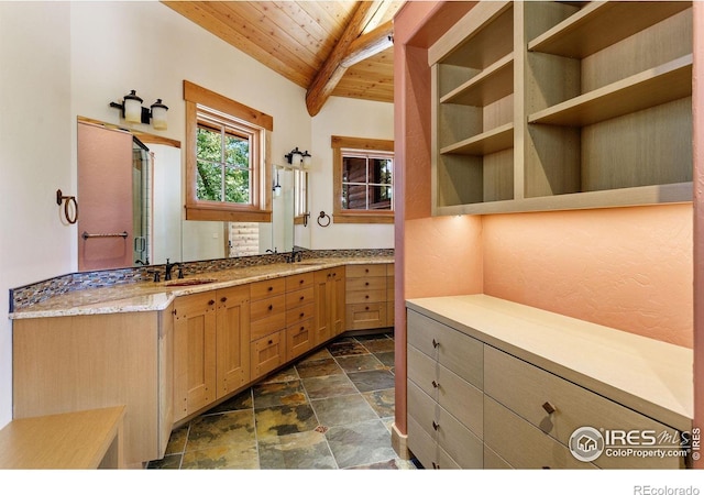 409 Wild Horse Cir, Boulder, CO 80304 - full bathroom featuring stone tile flooring, a wooden ceiling with exposed beams, and double vanity