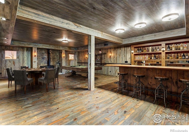 409 Wild Horse Cir, Boulder, CO 80304 - indoor dry bar featuring hardwood / wood-style floors, billiards table, wooden ceiling, wood walls, and a tray ceiling
