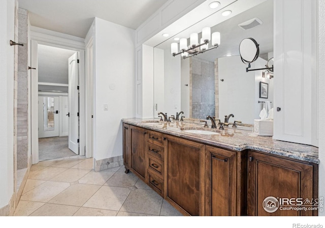 3835 Norwood Ct, Boulder, CO 80304 - full bathroom featuring double vanity, tile patterned flooring, baseboards, a tile shower, and recessed lighting