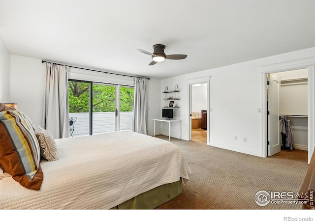3835 Norwood Ct, Boulder, CO 80304 - bedroom with light carpet, access to exterior, baseboards, ensuite bath, and a ceiling fan