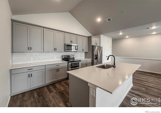 539 Vicot Way Unit C, Fort Collins, CO 80524 - kitchen with appliances with stainless steel finishes, gray cabinetry, a kitchen island with sink, dark wood-style floors, and decorative backsplash