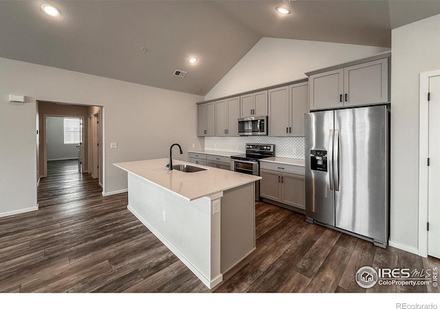 539 Vicot Way Unit C, Fort Collins, CO 80524 - kitchen with stainless steel appliances, gray cabinets, a center island with sink, tasteful backsplash, and lofted ceiling