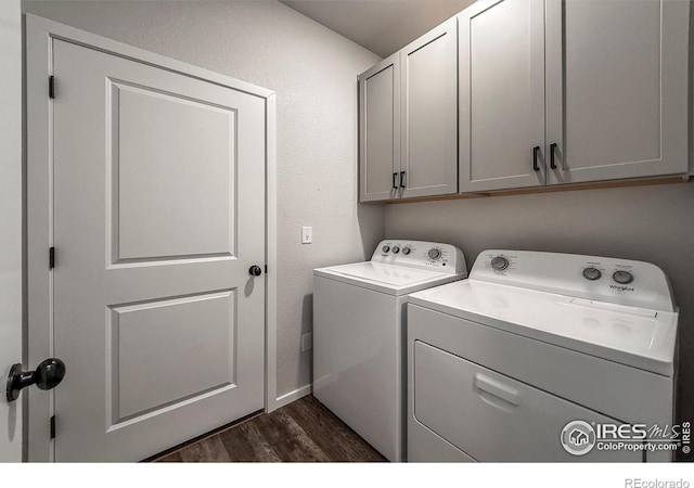 539 Vicot Way Unit C, Fort Collins, CO 80524 - washroom featuring separate washer and dryer, cabinet space, and dark wood-style flooring