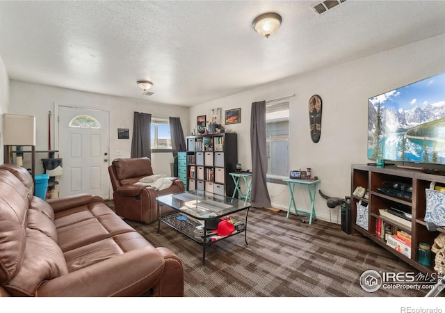 6743 King St, Denver, CO 80221 - carpeted living area featuring a textured ceiling and baseboards