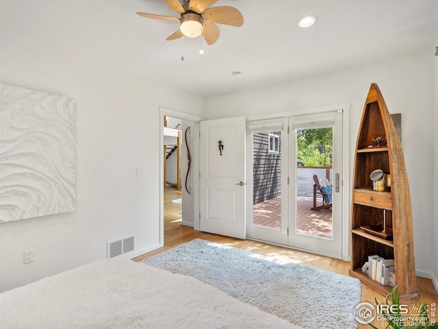 404 W Cleveland St, Lafayette, CO 80026 - bedroom featuring access to exterior, wood finished floors, recessed lighting, and a ceiling fan