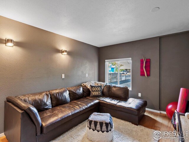 404 W Cleveland St, Lafayette, CO 80026 - living area featuring wood finished floors, baseboards, and a textured wall