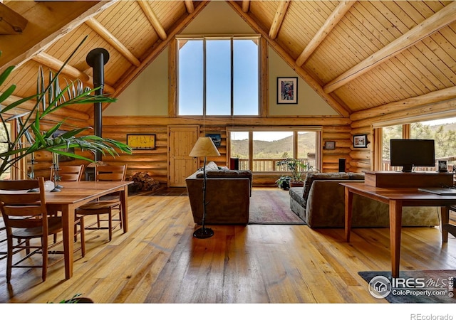 114 Jade Way, Lyons, CO 80540 - living room featuring rustic walls, high vaulted ceiling, wood-type flooring, and wooden ceiling with exposed beams