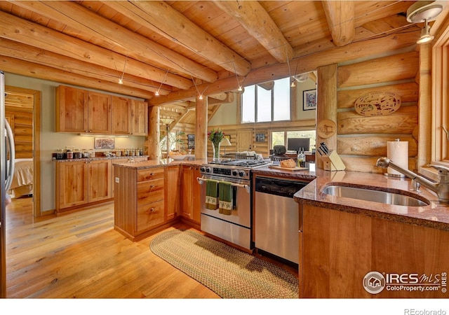 114 Jade Way, Lyons, CO 80540 - kitchen with appliances with stainless steel finishes, light wood finished floors, dark stone countertops, log walls, and wood ceiling with exposed beams