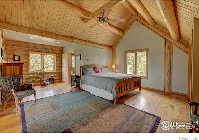 114 Jade Way, Lyons, CO 80540 - bedroom featuring wooden ceiling, light wood-style floors, rustic walls, recessed lighting, and baseboards