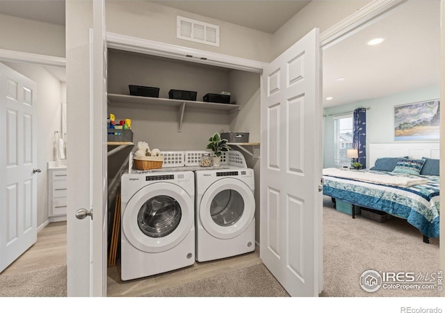 364 Fickel Farm Trl, Berthoud, CO 80513 - washroom featuring independent washer and dryer, carpet floors, and recessed lighting