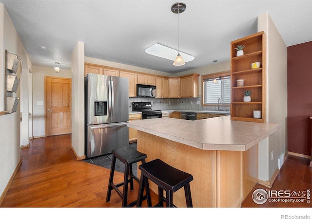 1502 Westfield Dr, Fort Collins, CO 80526 - kitchen with black appliances, open shelves, a sink, dark wood-style floors, and light countertops