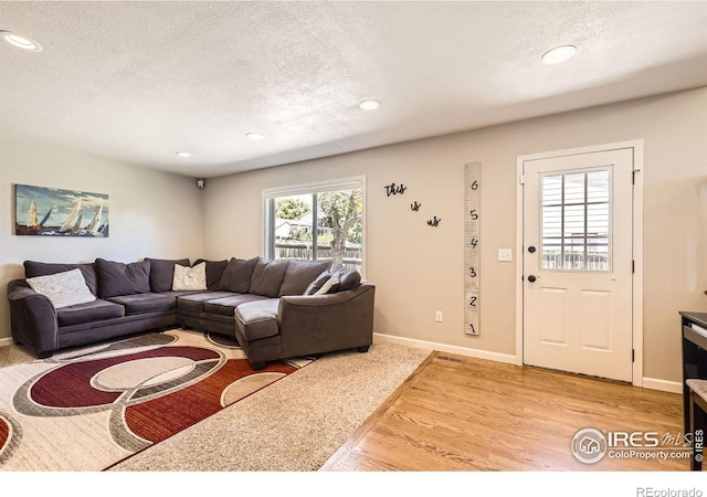 2447 E 100th Way, Thornton, CO 80229 - living room featuring light wood-style flooring, a textured ceiling, recessed lighting, and baseboards