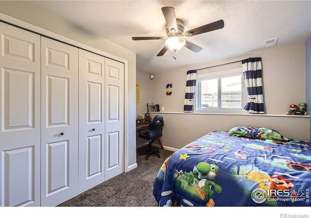 2447 E 100th Way, Thornton, CO 80229 - carpeted bedroom with a closet, a ceiling fan, baseboards, and a textured ceiling