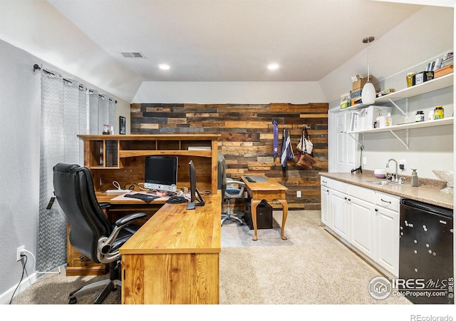 3328 Wild W Ln, Wellington, CO 80549 - office featuring light colored carpet, wet bar, wood walls, and recessed lighting