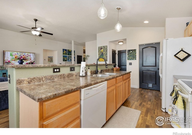5869 Vinca Ave, Longmont, CO 80504 - kitchen with white appliances, a sink, dark wood-style floors, a ceiling fan, and decorative light fixtures