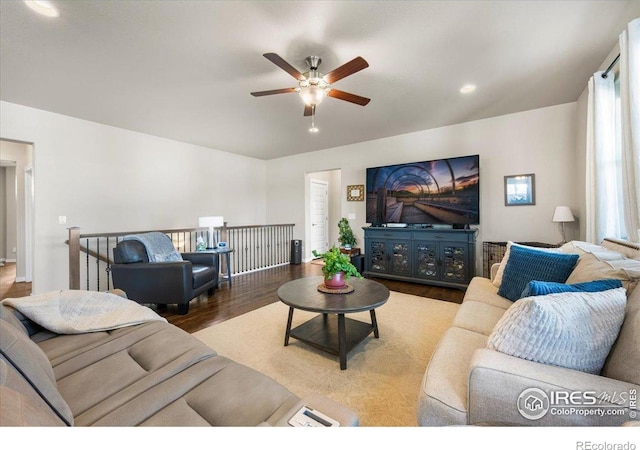 2150 Crop Row Dr, Windsor, CO 80550 - living area featuring ceiling fan, wood finished floors, and recessed lighting