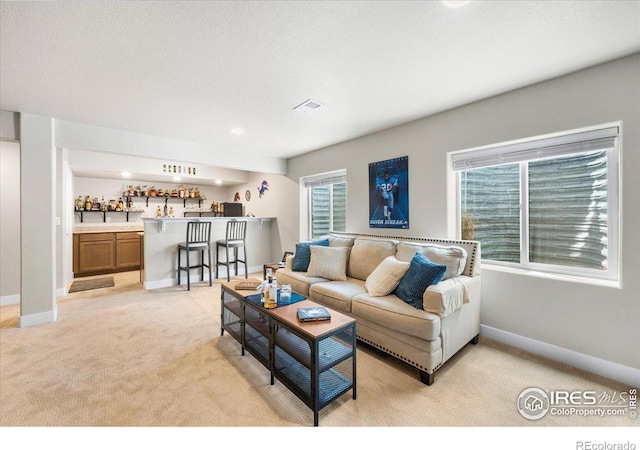 2150 Crop Row Dr, Windsor, CO 80550 - living room with bar with sink, light carpet, and baseboards