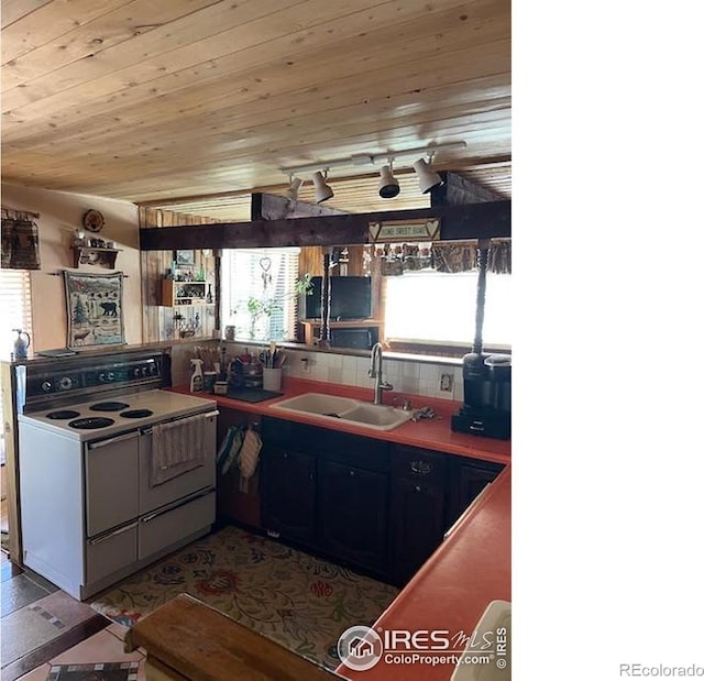 100 Santee Ct, Red Feather Lakes, CO 80545 - kitchen with white range with electric stovetop, a sink, and wood ceiling