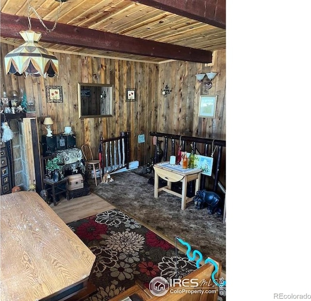 100 Santee Ct, Red Feather Lakes, CO 80545 - living room with wood walls, wood finished floors, and wood ceiling with exposed beams