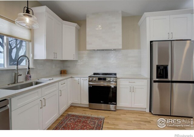 19810 County Road 1, Berthoud, CO 80513 - kitchen featuring appliances with stainless steel finishes, a sink, light wood finished floors, light countertops, and white cabinetry