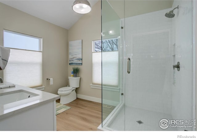 19810 County Road 1, Berthoud, CO 80513 - bathroom with toilet, a stall shower, wood finished floors, vanity, and lofted ceiling