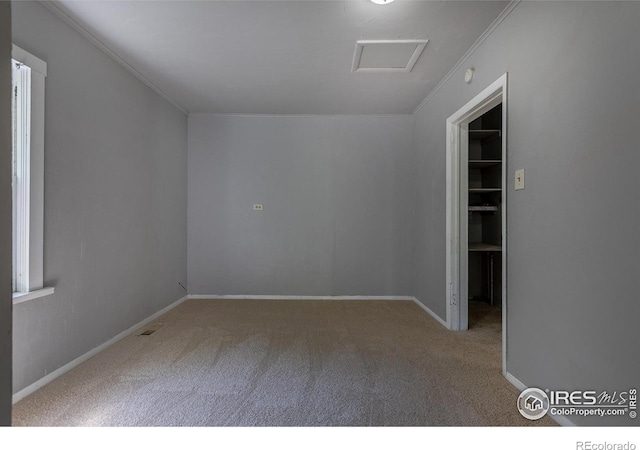 29 Marshall Pl, Longmont, CO 80504 - spare room with carpet flooring, ornamental molding, attic access, and baseboards