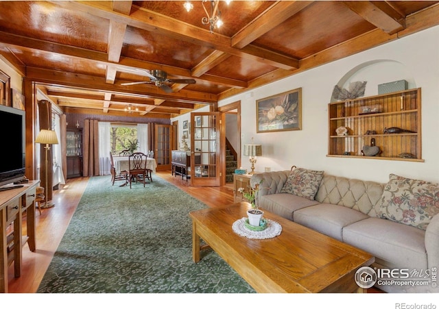 1031 W US Highway 34, Loveland, CO 80537 - living area with wood finished floors, wood ceiling with exposed beams, stairs, a ceiling fan, and coffered ceiling
