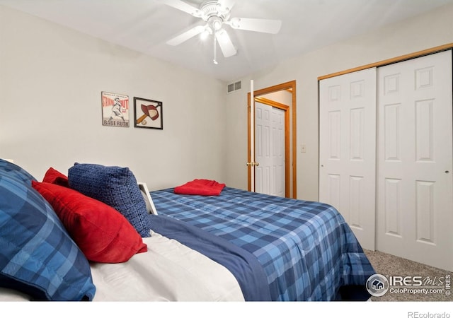 1202 Creekwood Ct, Windsor, CO 80550 - bedroom featuring carpet floors, a closet, and ceiling fan