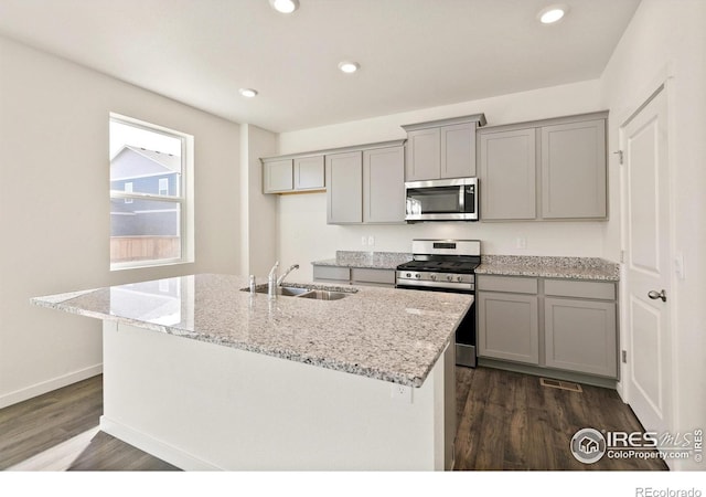 6300 Globeflower St, Wellington, CO 80549 - kitchen featuring appliances with stainless steel finishes, a sink, gray cabinets, dark wood finished floors, and light stone countertops