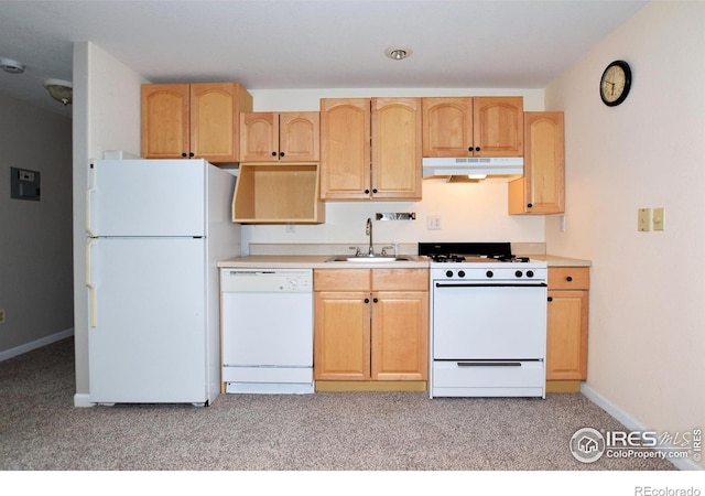 1131 Sandra Dr, Johnstown, CO 80534 - kitchen with white appliances, under cabinet range hood, light colored carpet, a sink, and light brown cabinets