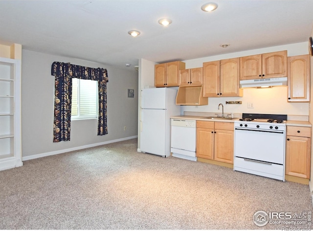 1131 Sandra Dr, Johnstown, CO 80534 - kitchen featuring white appliances, a sink, under cabinet range hood, light colored carpet, and light countertops