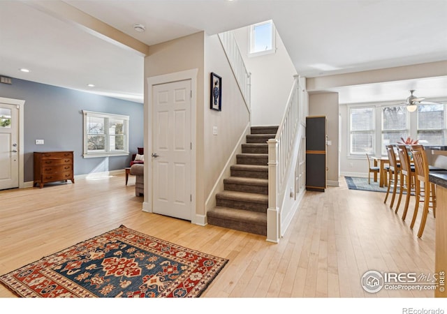 3561 4th St, Boulder, CO 80304 - stairway featuring hardwood / wood-style floors, baseboards, recessed lighting, and a ceiling fan
