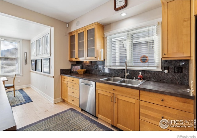 3561 4th St, Boulder, CO 80304 - kitchen with dishwasher, a sink, dark countertops, backsplash, and recessed lighting