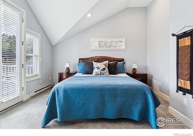 3561 4th St, Boulder, CO 80304 - carpeted bedroom featuring a baseboard radiator, vaulted ceiling, access to outside, and baseboards