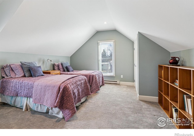 3561 4th St, Boulder, CO 80304 - carpeted bedroom with a baseboard heating unit, lofted ceiling, and baseboards