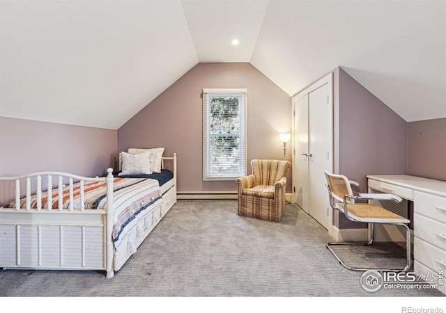 3561 4th St, Boulder, CO 80304 - bedroom featuring a baseboard radiator, vaulted ceiling, carpet flooring, and an office area