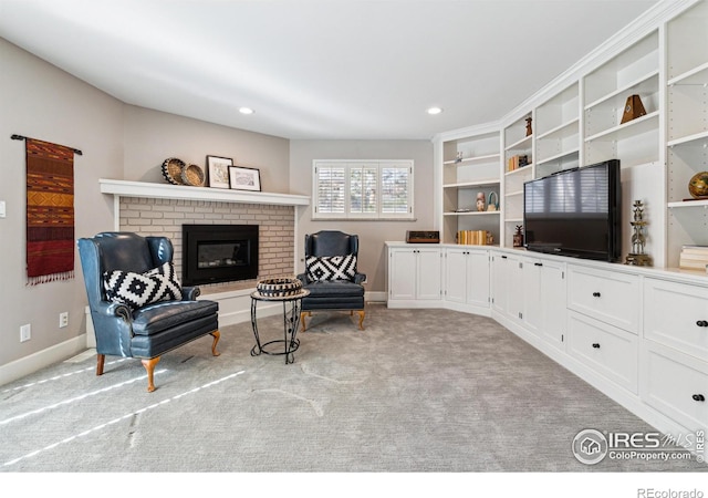 3561 4th St, Boulder, CO 80304 - sitting room with a brick fireplace, carpet floors, recessed lighting, and baseboards