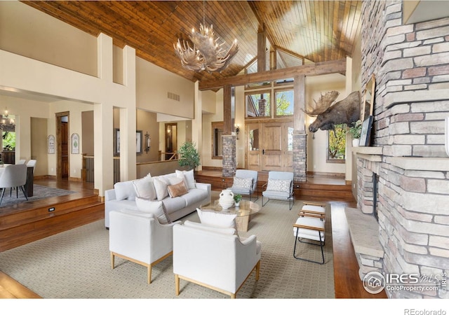 8236 County Road 74, Windsor, CO 80550 - living area with a chandelier, wood ceiling, high vaulted ceiling, plenty of natural light, and a stone fireplace